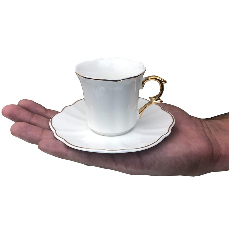 Brew To A Tea White Espresso Cups with Saucers, Set of 6 (3 oz), Porcelain Turkish Coffee Cup Set with Gold Trim Design & Gift Box, Dishwasher Safe, Christmas Gifts - Image 4